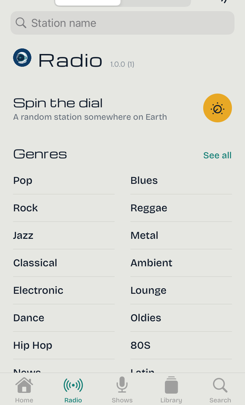 Browsing 60,000 radio stations by genre, with Spin the Dial for a random station